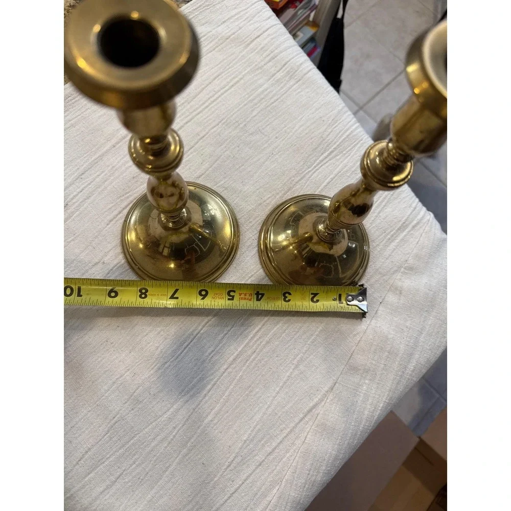 Vintage Solid Brass Candlestick Holders Pair 9 Inch Ribbed Stem Taper Holders